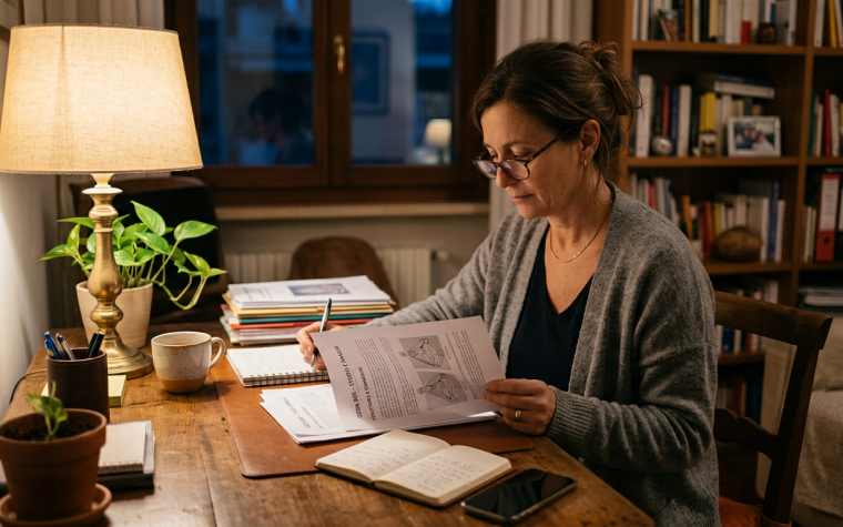 Donna seduta alla scrivania con luce soffusa che legge documenti, rappresentazione della Guida BG5 che studia in attesa dell'invito