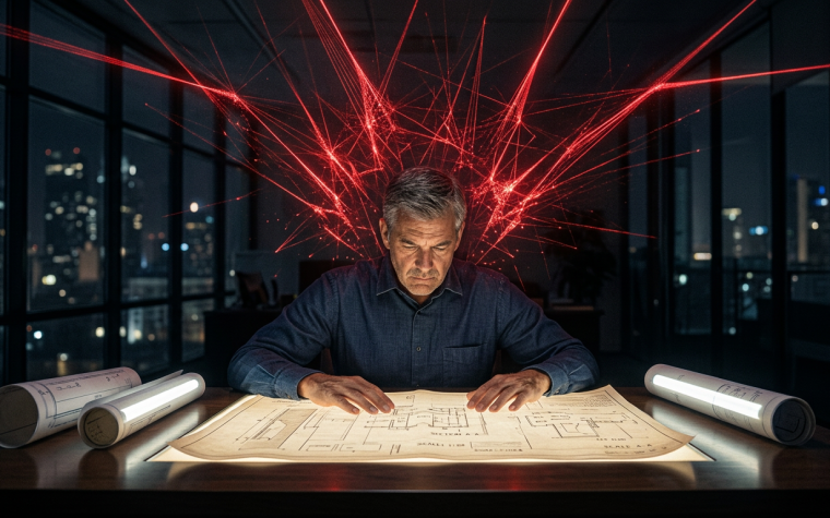Persona seduta alla scrivania con la testa tra le mani, circondato da post-it e schermi accesi, luce fredda e atmosfera di stanchezza profonda