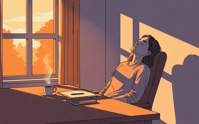 Freelance esausto alla scrivania con luce calda che evoca la stanchezza del lavoratore autonomo