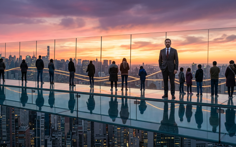 Uomo in abito su terrazza panoramica di vetro al tramonto, circondato da persone collegate da linee luminose dorate con skyline urbano sullo sfondo