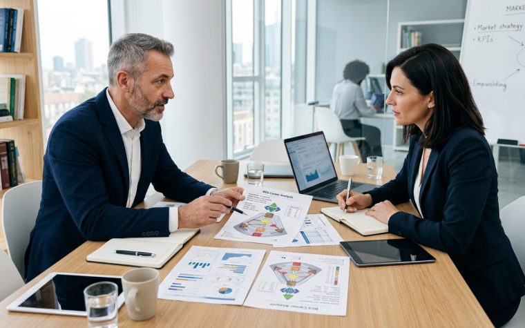 Due professionisti analizzano la propria carta Human Design (Success Code BG5) prima di firmare un accordo di partnership aziendale