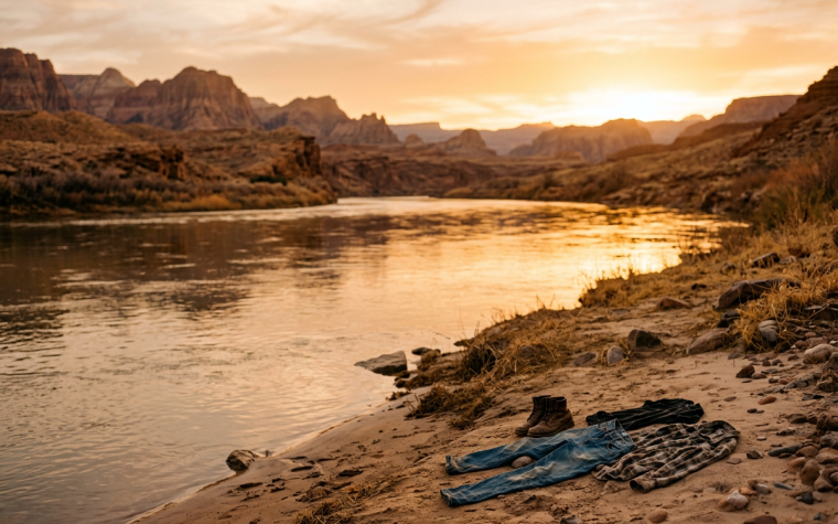 Fiume che scorre attraverso un paesaggio desertico al tramonto, evocando il viaggio interiore di trasformazione