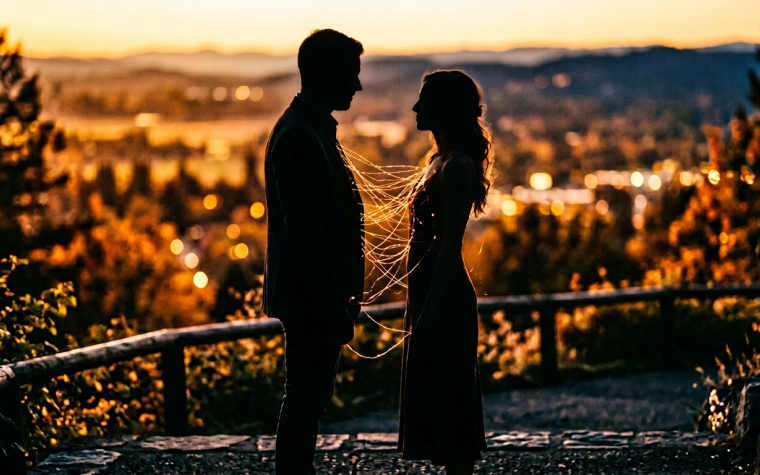 Due sagome che si avvicinano con linee energetiche colorate che si connettono tra i loro corpi, evocando attrazione chimica