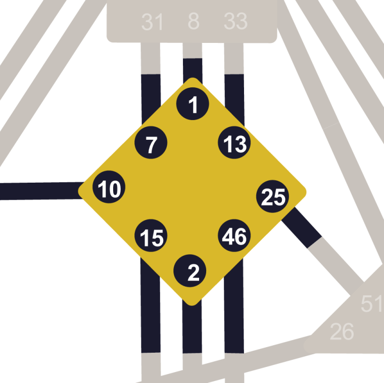 Dettaglio del bodygraph: il Centro G con le porte 1, 2, 7, 13, 10, 15, 25 e 46