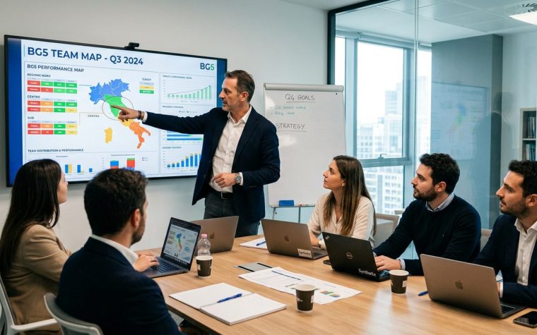 Manager che osserva la mappa Human Design (metodo BG5) del proprio team durante una riunione strategica