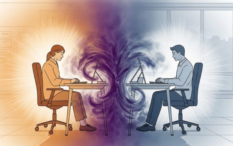 Due colleghi in ufficio con espressioni contrastanti che rappresentano la dinamica energetica tra tipi diversi
