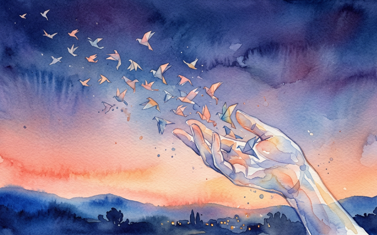 Illustrazione ad acquerello di una mano trasparente che libera piccoli uccelli di carta in un cielo crepuscolare, toni caldi di corallo e indaco che sfumano l'uno nell'altro all'orizzonte, pennellate fluide che suggeriscono movimento e rilascio, atmosfera onirica e sospesa, senza testo, senza scritte, senza loghi.