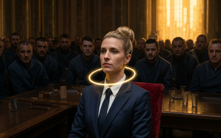 Donna in abito formale seduta davanti a una platea, con un cerchio luminoso intorno alla gola — illustrazione della Gola Indefinita in Human Design come vantaggio strategico