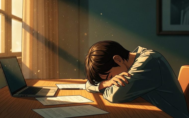 Persona esausta alla scrivania con luce calda che rappresenta il burnout da lavoro e il rapporto con la propria energia