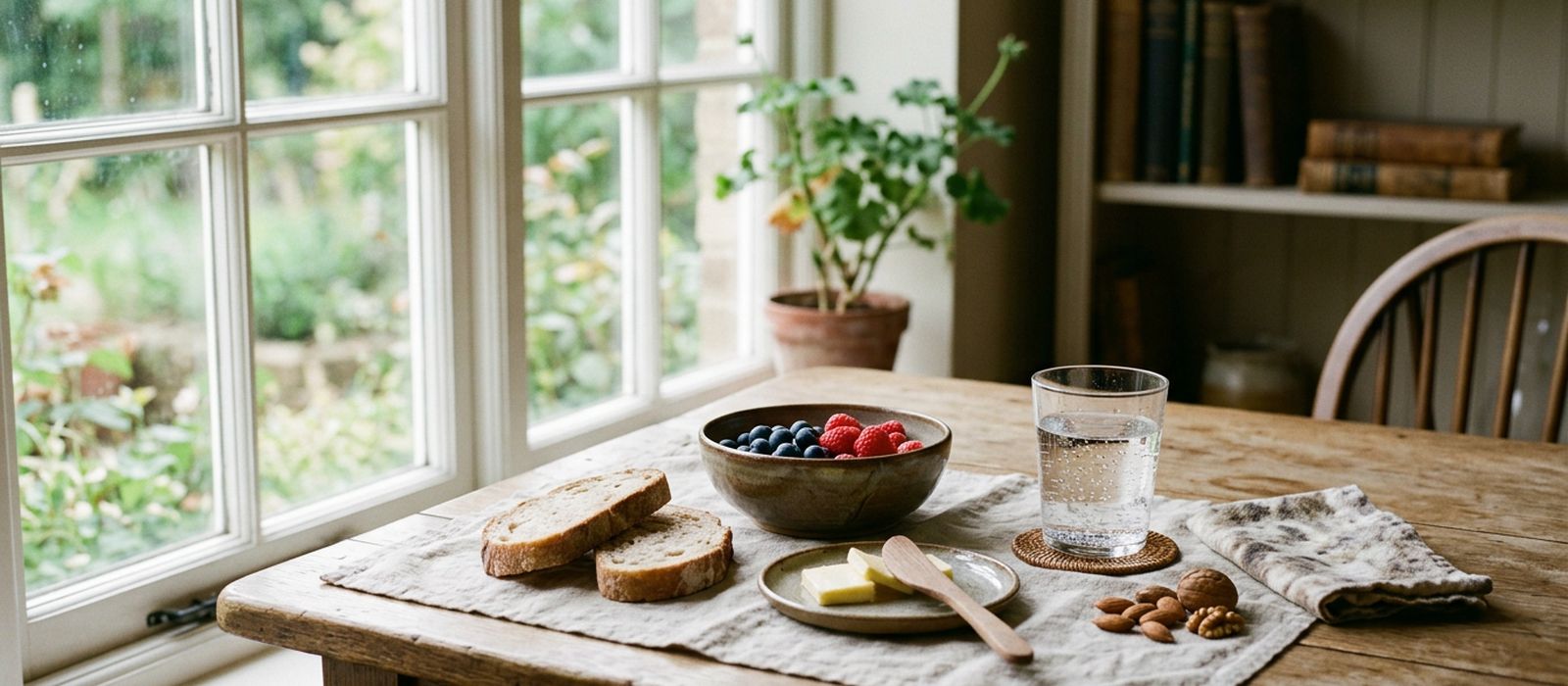 Tavolo di legno accanto a una finestra luminosa, con cibo semplice e un bicchiere d’acqua: alimentazione e ambiente, i due temi della Lettura PHS