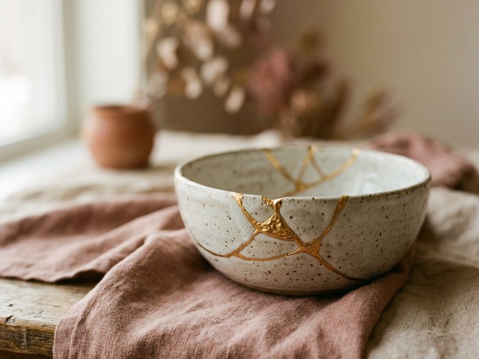Ciotola riparata con oro kintsugi, simbolo del Ritorno di Chirone