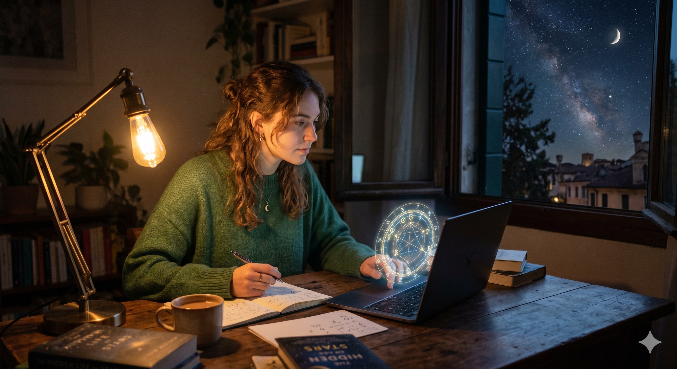 Rappresentazione visiva di una carta Human Design con planisfero astronomico sullo sfondo e i nove centri energetici del bodygraph illuminati