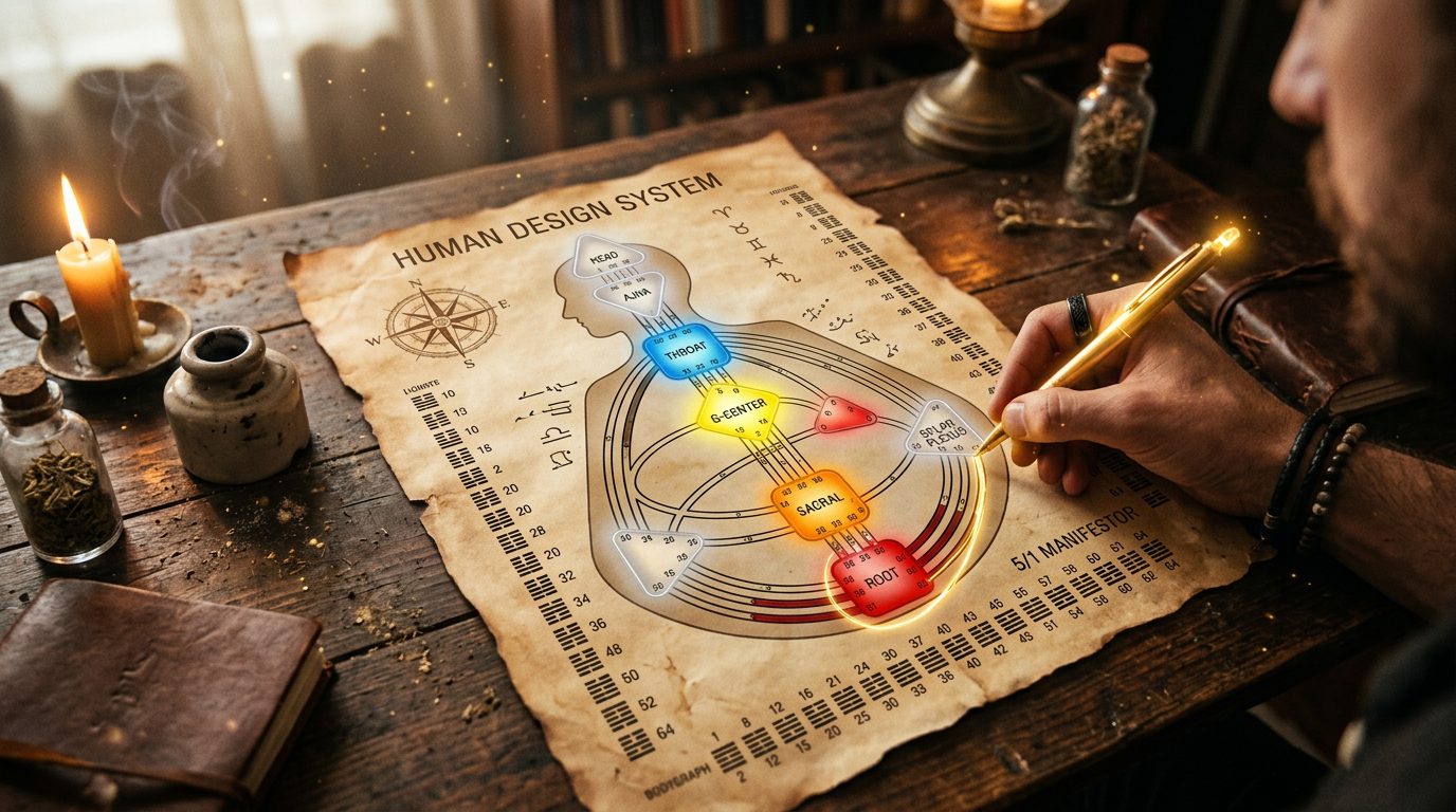 Mano che segna con una penna dorata i centri energetici su una carta Human Design stesa su una scrivania
