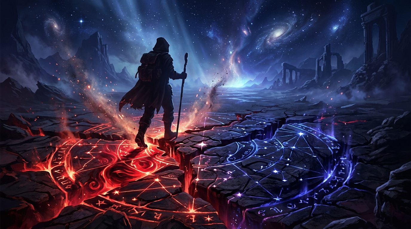 Figura solitaria in piedi su un terreno antico spaccato tra una costellazione nera e una rossa già scolpite nella terra