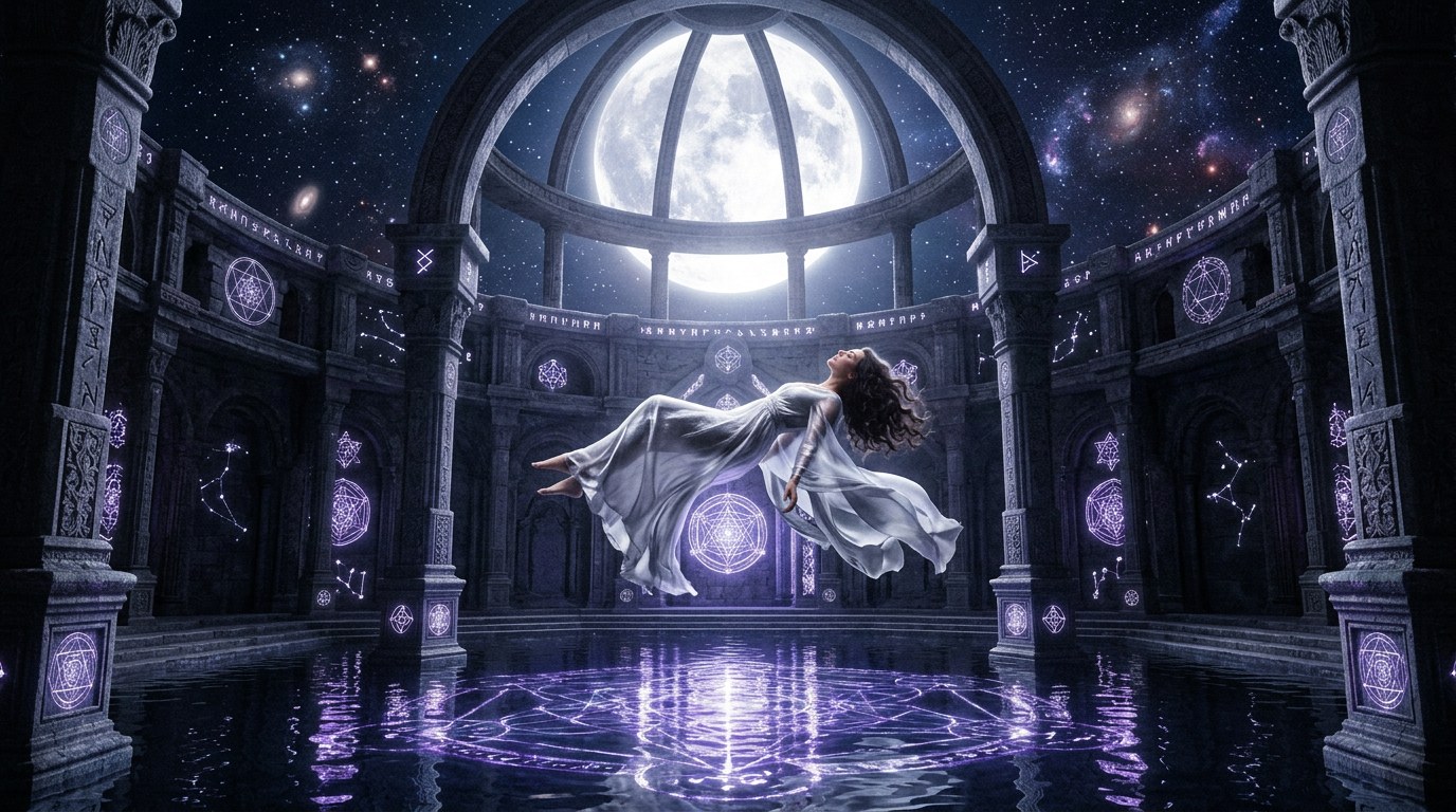 Figura umana che rispecchia la luna in un paesaggio etereo, illustrazione palette viola e argento su bianco