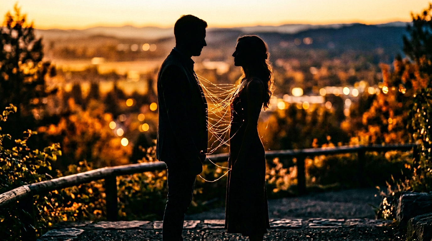 Due sagome che si avvicinano con linee energetiche colorate che si connettono tra i loro corpi, evocando attrazione chimica