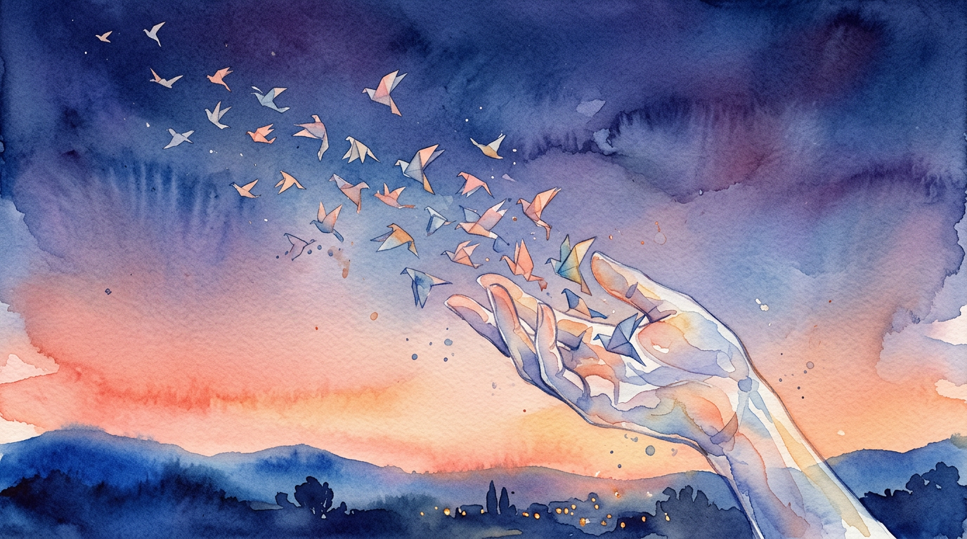 Illustrazione ad acquerello di una mano trasparente che libera piccoli uccelli di carta in un cielo crepuscolare, toni caldi di corallo e indaco che sfumano l'uno nell'altro all'orizzonte, pennellate fluide che suggeriscono movimento e rilascio, atmosfera onirica e sospesa, senza testo, senza scritte, senza loghi.