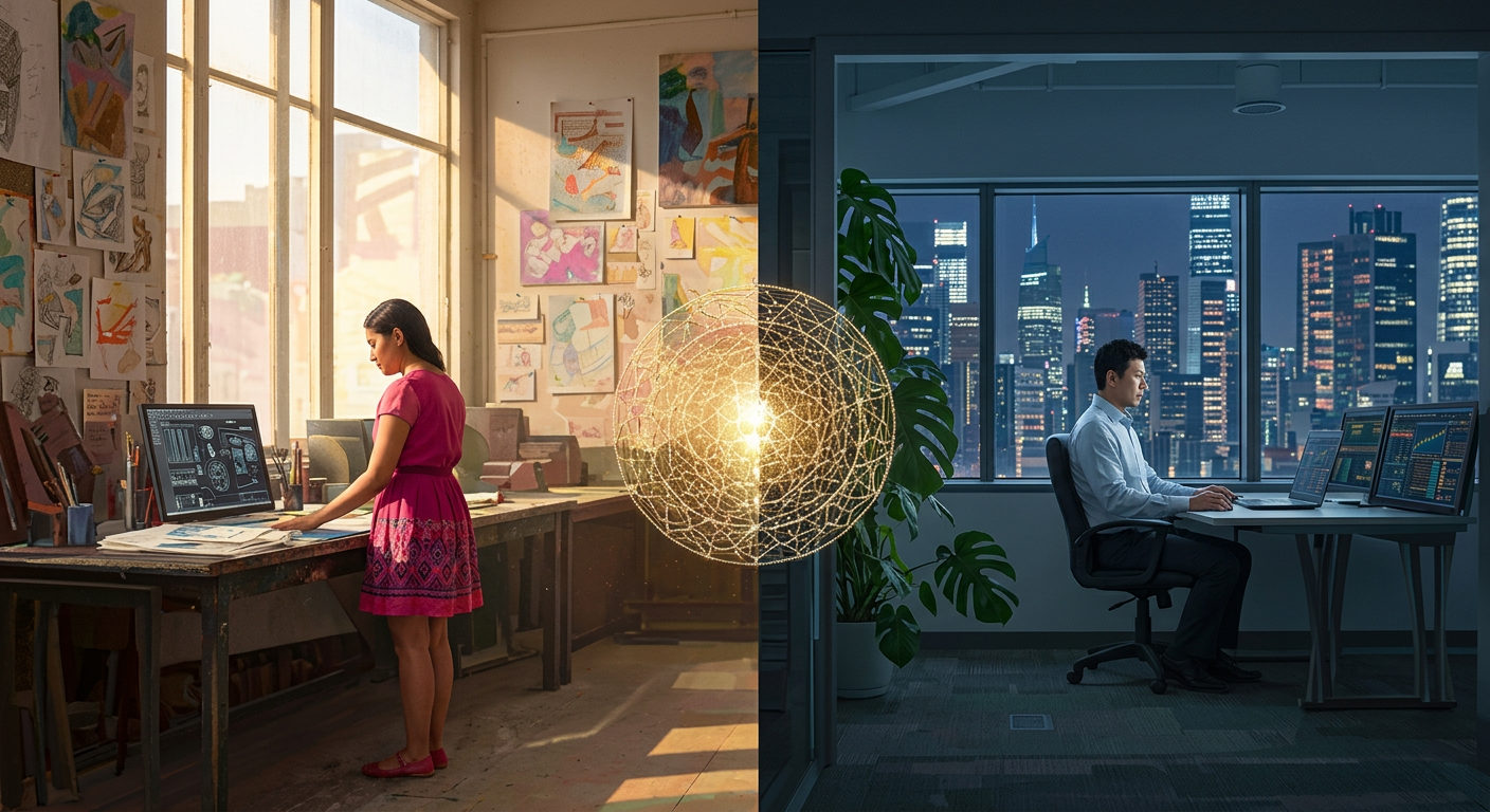 Due spazi abitativi diversi collegati da un filo dorato che attraversa una finestra aperta, luce calda e atmosfera intima