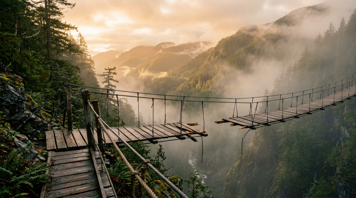 Rappresentazione simbolica di due parti separate di un ponte sospeso su un paesaggio naturale, con uno spazio vuoto al centro