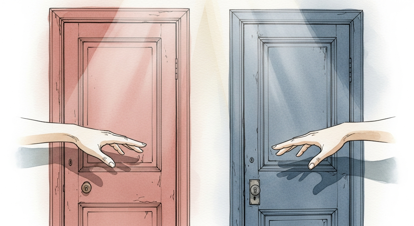 Persona a un bivio che rappresenta l'ansia decisionale e la paralisi da scelta