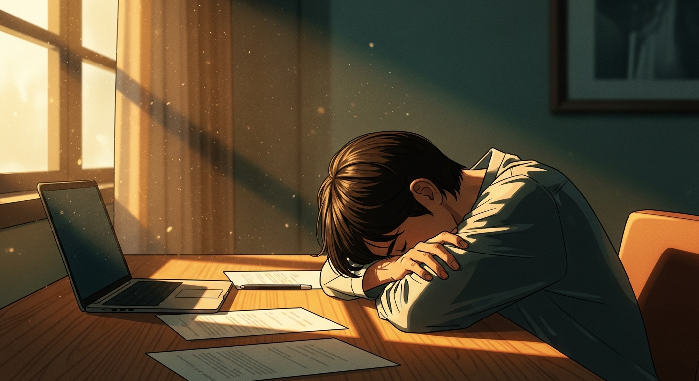 Persona esausta alla scrivania con luce calda che rappresenta il burnout da lavoro e il rapporto con la propria energia