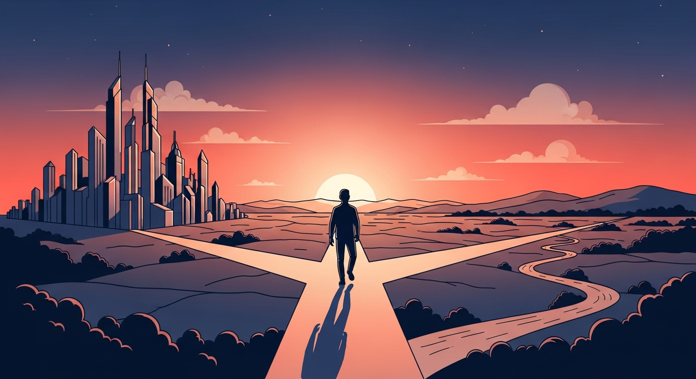 Persona a un bivio professionale con due strade che rappresentano il cambio carriera dopo i 40 anni