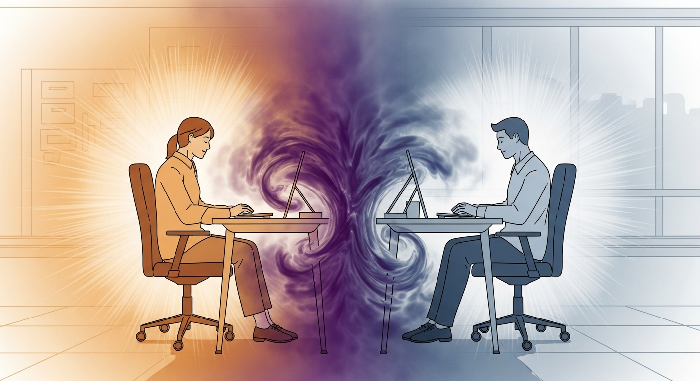 Due colleghi in ufficio con espressioni contrastanti che rappresentano la dinamica energetica tra tipi diversi