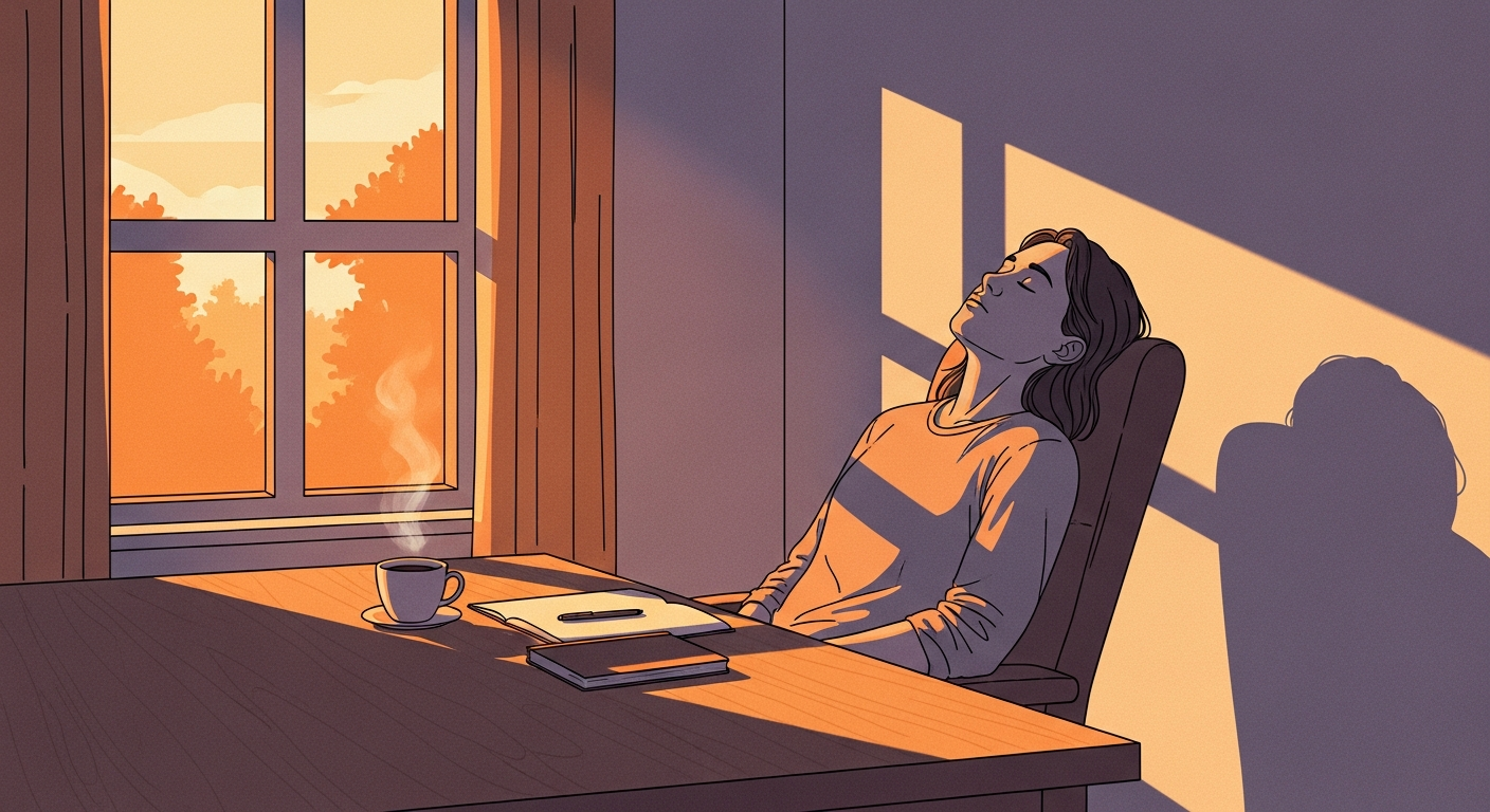 Freelance esausto alla scrivania con luce calda che evoca la stanchezza del lavoratore autonomo