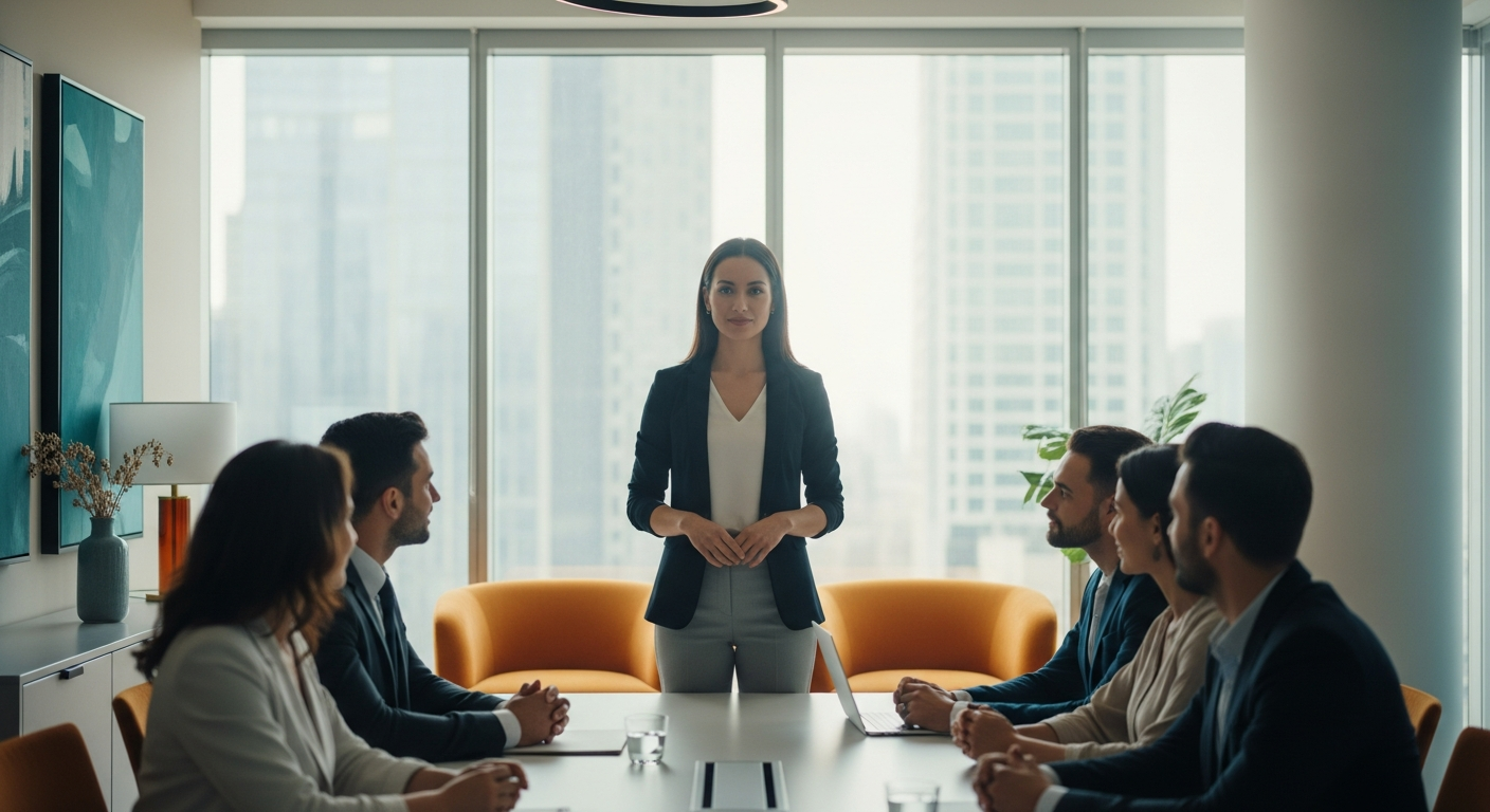 Leader calmo in un ambiente aziendale che guida il team con autorevolezza naturale