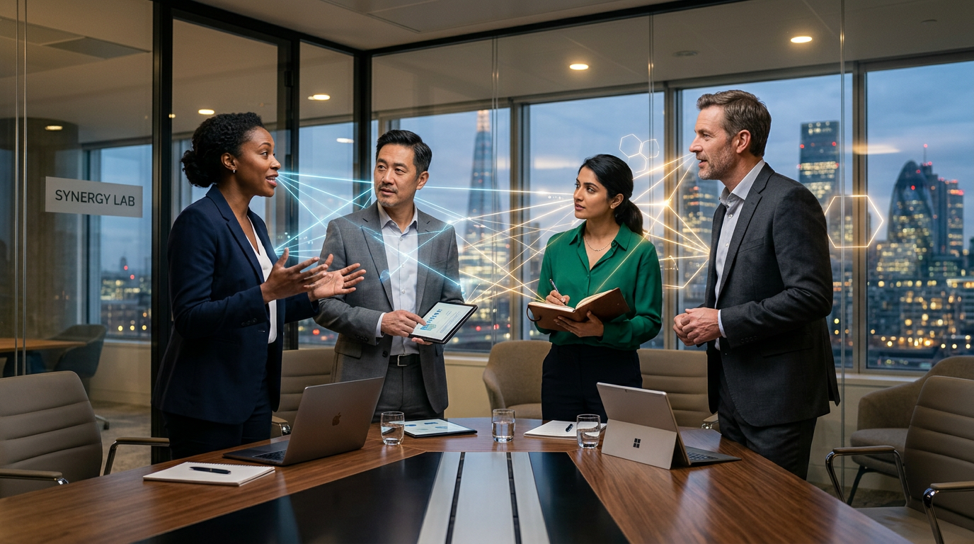 Quattro professionisti in riunione collegati da linee energetiche luminose, che rappresentano le dinamiche invisibili e la struttura del Penta nel sistema aziendale BG5