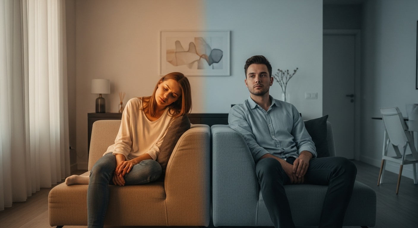 Due silhouette con campi energetici che si sovrappongono, rappresentando la dinamica energetica nelle relazioni