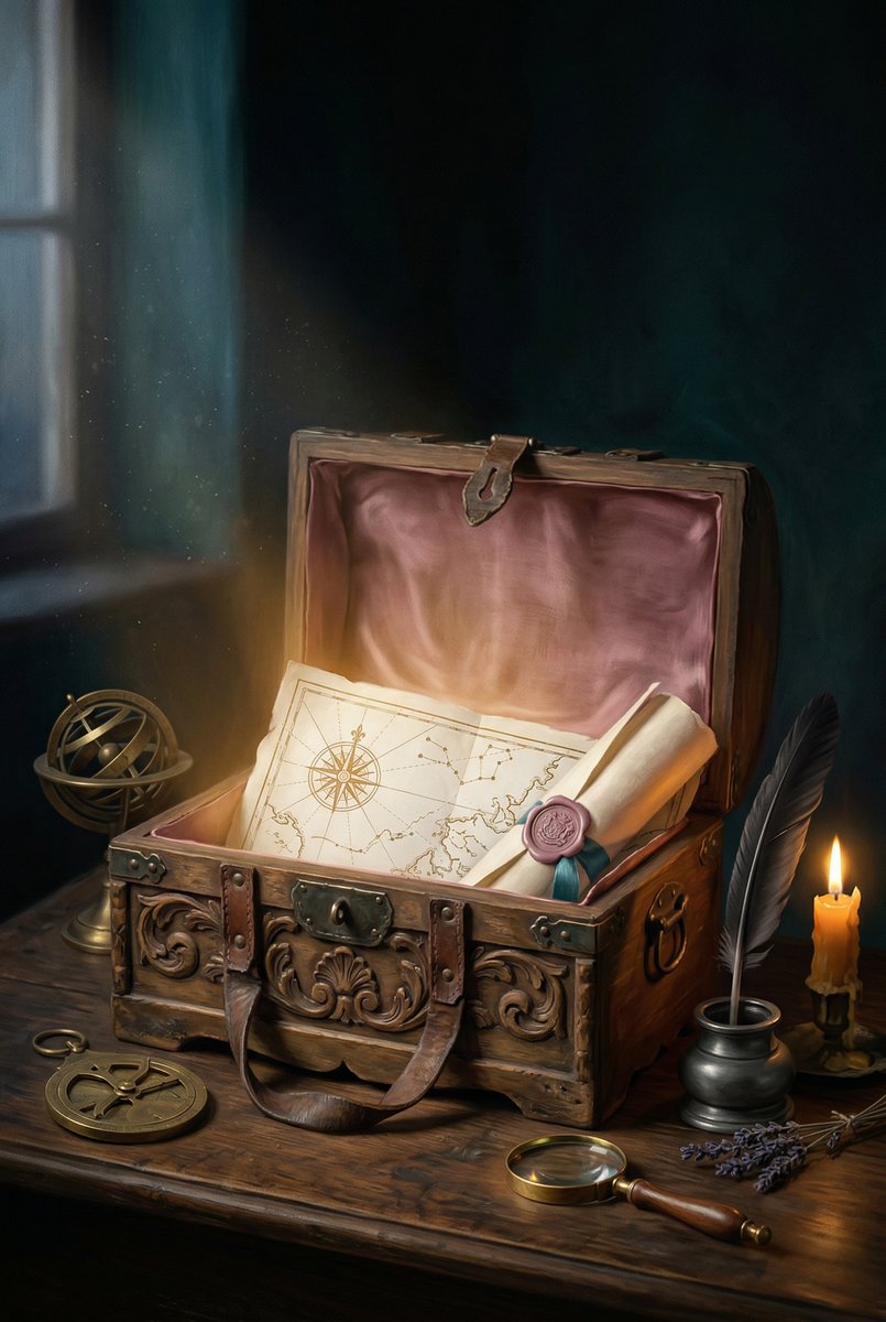 Cofanetto antico aperto con mappa luminosa