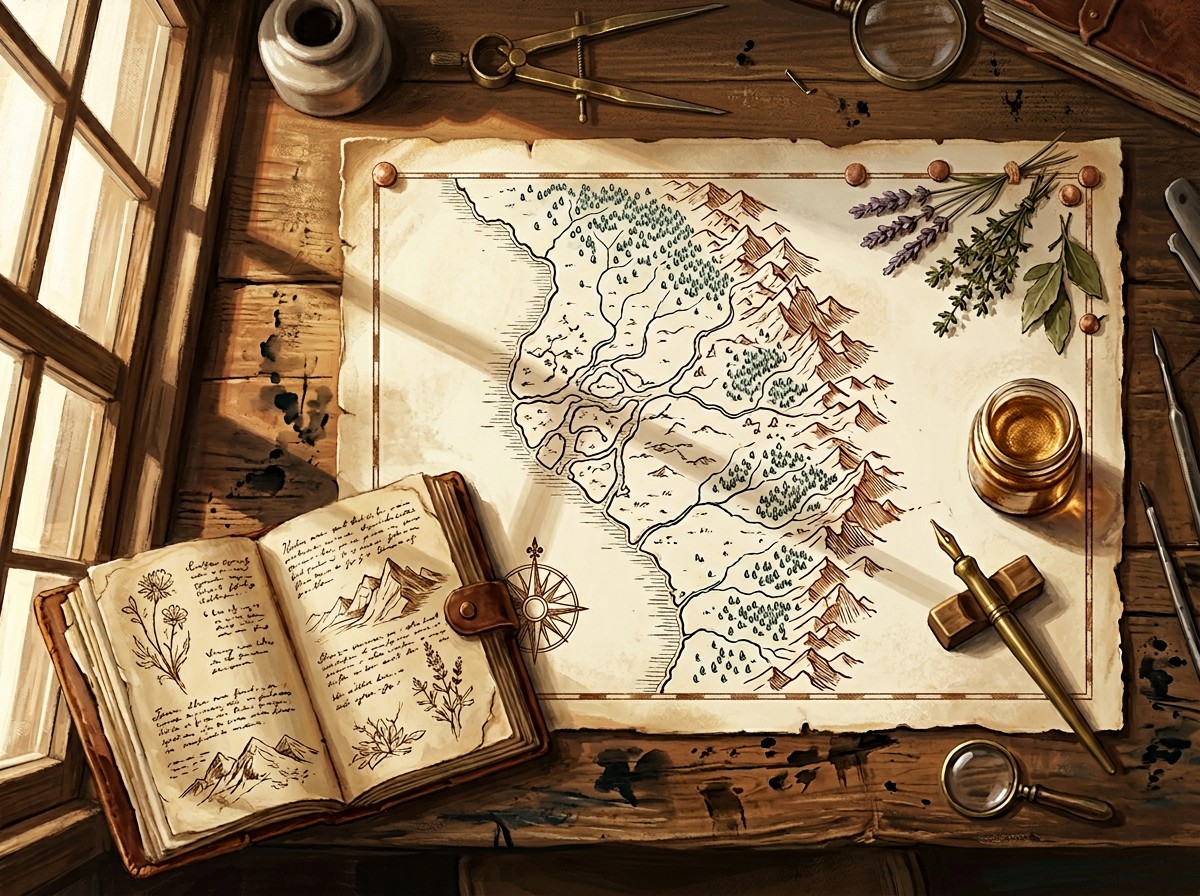 Scrivania con mappa del tesoro e diario botanico