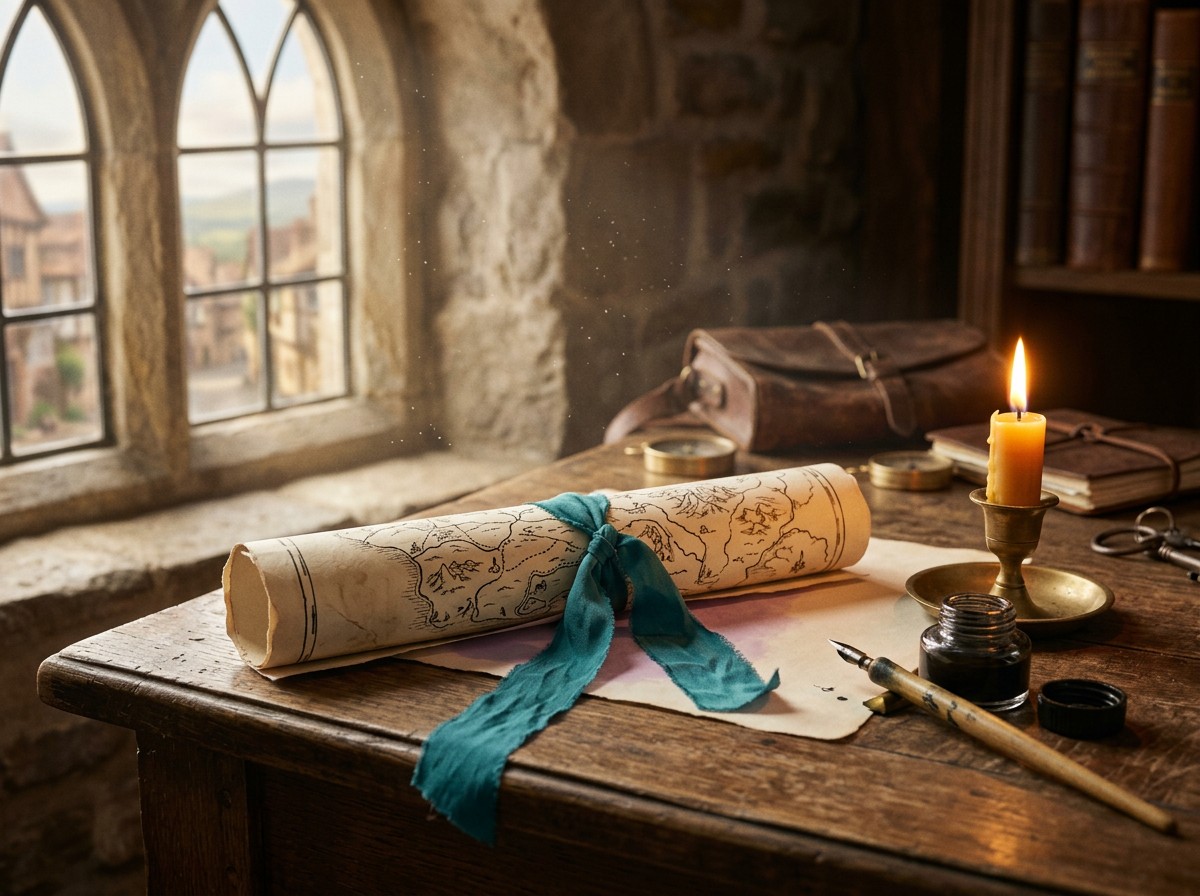 Rotolo pergamena con nastro teal su scrivania antica